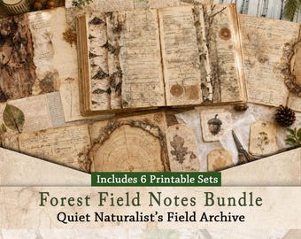 Forest Naturalist Junk Journal Bundle | Vintage Field Notes, Woodland Watercolor Ephemera, Botanical Scrapbook