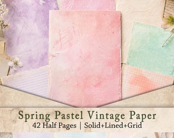 Pastel Spring Junk Journal Paper Pack | Vintage Watercolor Backgrounds, Half Page Lined Grid Sheets