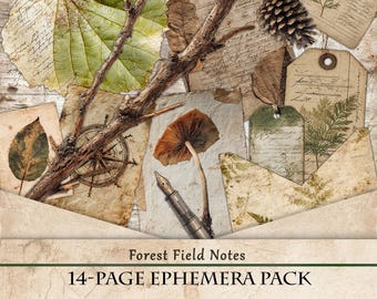 Forest Field Notes Junk Journal Ephemera | Vintage Botanical Specimen Labels, Naturalist Fussy Cut Kit