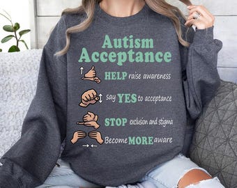 自閉症受容ASLシャツ、神経多様性啓発Tシャツ、手話ヘルプYesストップモアシャツ、自閉症支援ギフト、インクルージョンは重要