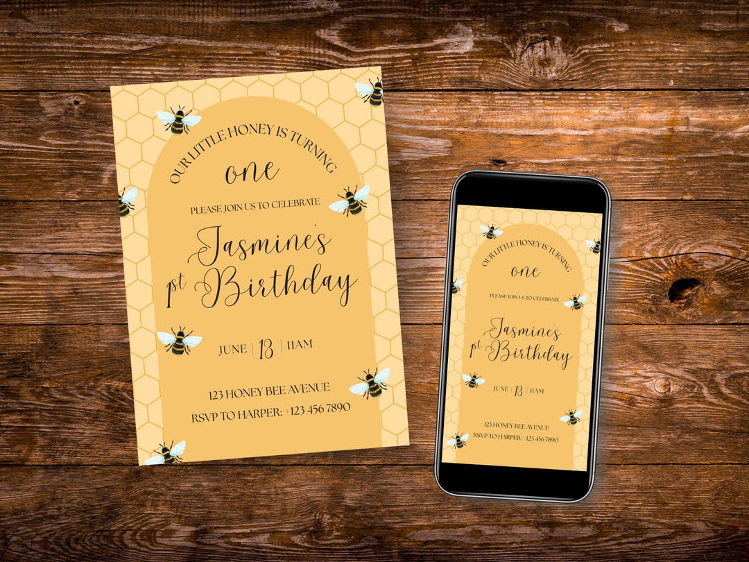Honey Bee 1st Birthday Invitation, Editable in Canva (digital Download ...