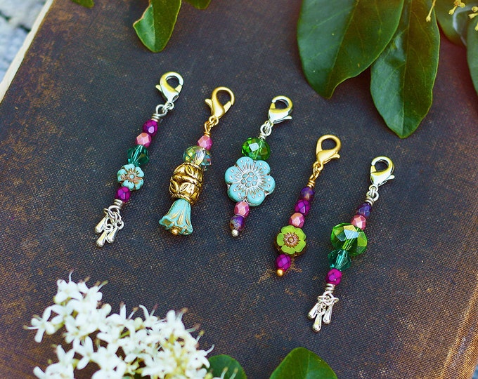 floral glass beaded crochet stitch markers - set of 5