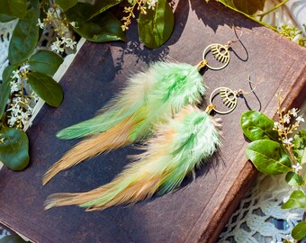 feather earrings in melon & soft gold with brass evil eye charms // boho, bohemian jewelry, long earrings, dangle, statement earrings