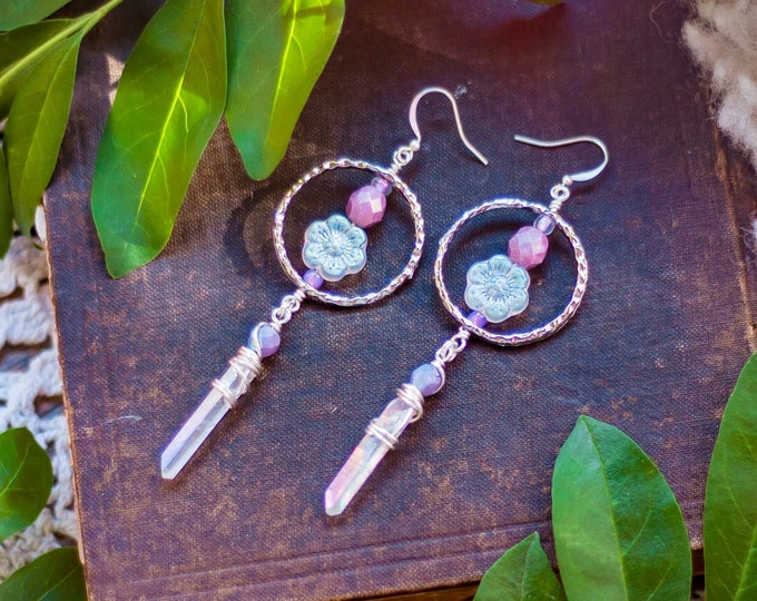 opalescent glass flower earrings with quartz crystal points and lavender glass beads // floral, bohemian, fairy, boho earrings, purple