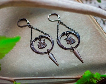 tiny black unicorn head earrings with spikes // bohemian, boho, fantasy jewelry, fairy, vintage unicorn, gothic, esoteric, occult