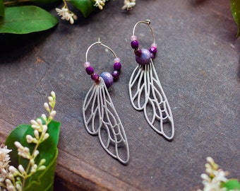 silver dragonfly wing hoop earrings with purple czech glass beads // bug jewelry, insect lover, bug wing, nature, fairy earrings, butterfly