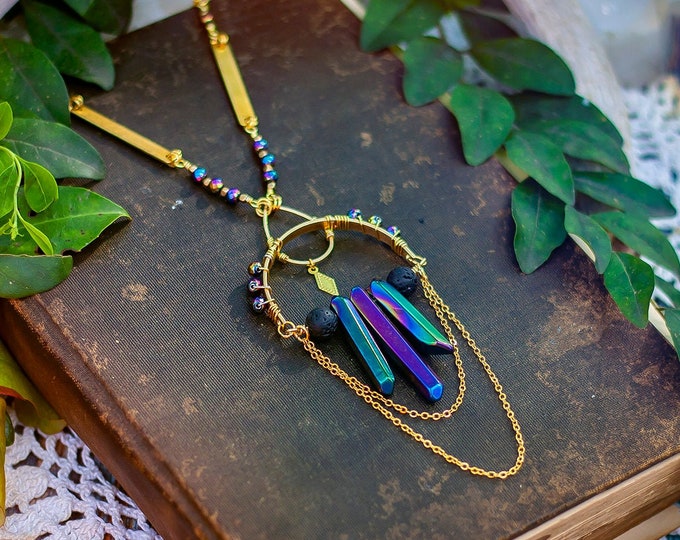 geometric gold necklace with rainbow aura crystals