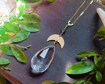 faceted glass prism statement necklace with brass moon / sun catcher