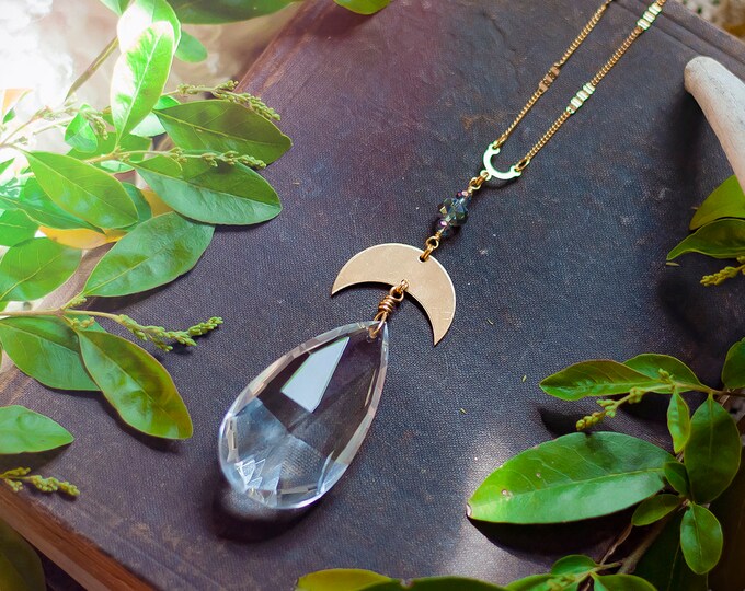 faceted glass prism statement necklace with brass moon / sun catcher