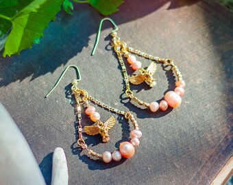 tiny golden owl earrings with pale pink pearls // bohemian style, boho, owl lover, bird jewelry, modern, gold owl, statement earrings