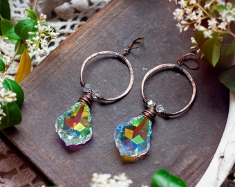 hammered copper hoop earrings with large faceted rainbow aura crystals // bohemian, prism earrings, ab crystal, crystal earrings, statement