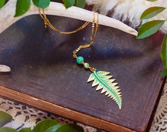 hand-painted brass fern leaf necklace with czech glass beads // fern necklace, forest, boho, bohemian, modern, statement, plant lover