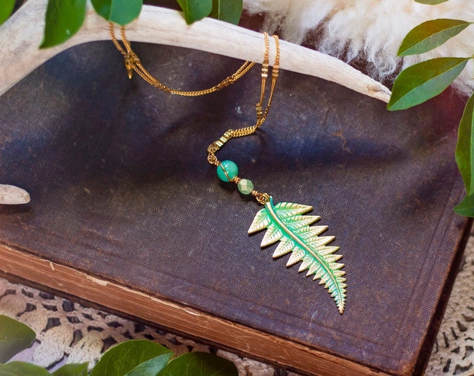 hand-painted brass fern leaf necklace with czech glass beads