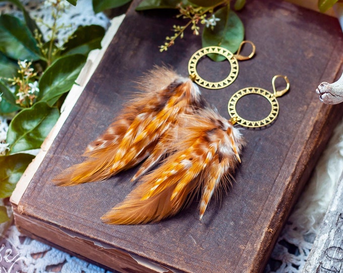 striped ginger feather earrings with golden sun hoops // celestial, boho, bohemian jewelry, colorful, short, dangle, statement, bird feather