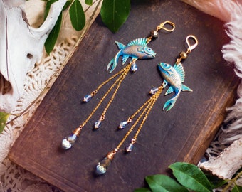 hand-painted brass fish earrings with glass drip dangles / gold fish, pisces gifts, ocean, nautical, fishing, water sign, unique,ooak