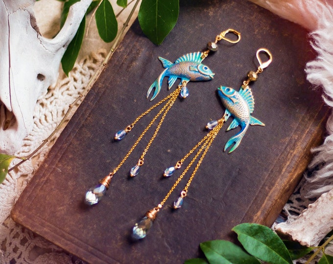 hand-painted brass fish earrings with glass drip dangles