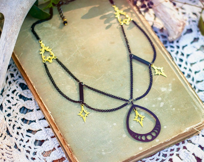 black moon phase and gold stars choker necklace