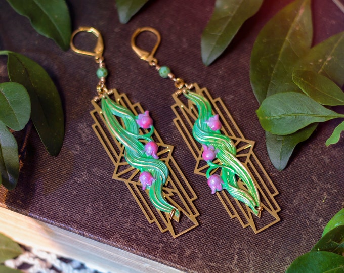 hand-painted brass art deco lily earrings