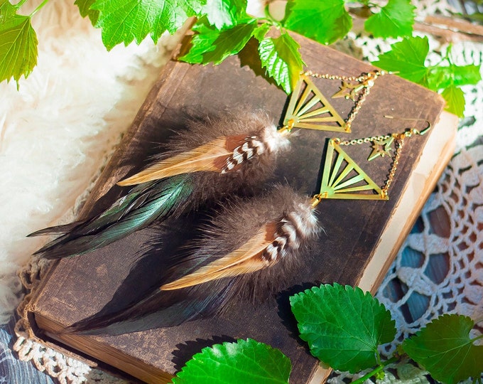 black and ginger striped feather earrings with gold brass stars and geometric designs  // boho, bohemian jewelry, long, dangle, statement