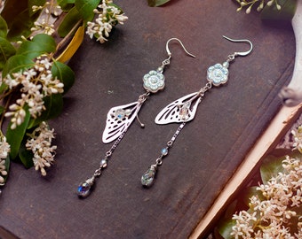 silver butterfly wing earrings with opaline czech glass flowers & faceted beads / bug jewelry, insect lover, bug wing, nature,fairy earrings