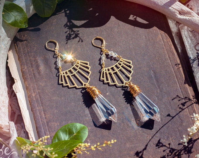 golden geometric art deco earrings with faceted lead crystal icicles // modern, crystal earrings, prism earrings, chandelier, bohemian