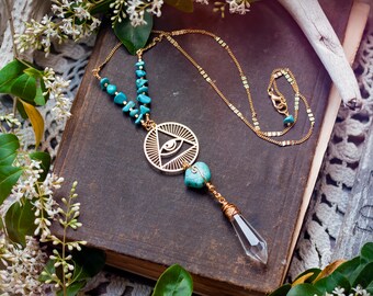 brass eye of providence necklace with reclaimed chandelier crystal & turquoise howlite / geometric, esoteric, occult, modern, evil eye, boho