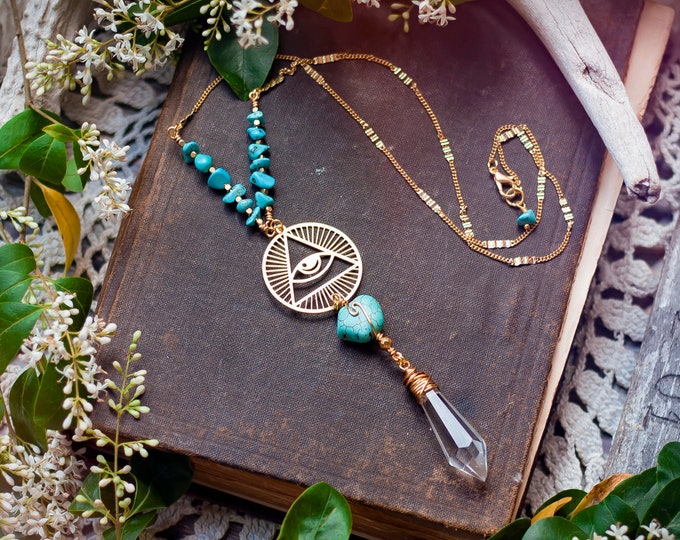 brass eye of providence necklace with reclaimed chandelier crystal & turquoise howlite