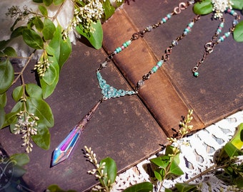 rainbow aura crystal point necklace with art nouveau goddess in copper verdigris patina // romantic, bohemian, feminine, ab crystal, prism