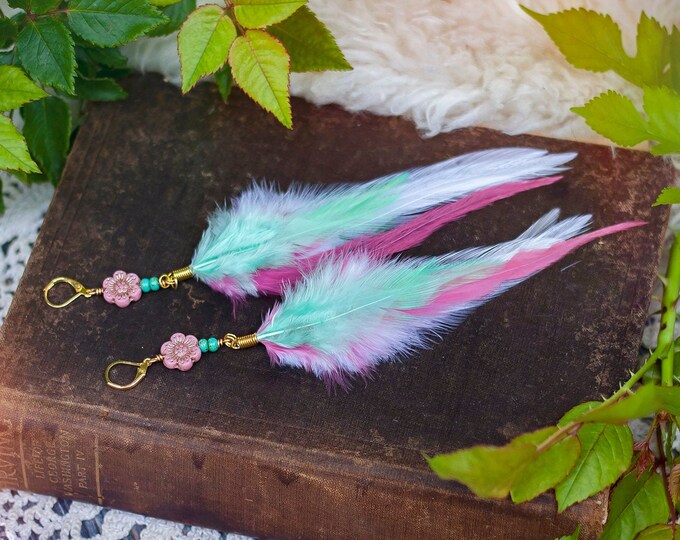 feather earrings in pink, mint, and white with czech glass flower beads // boho, bohemian jewelry, colorful, long, dangle, statement