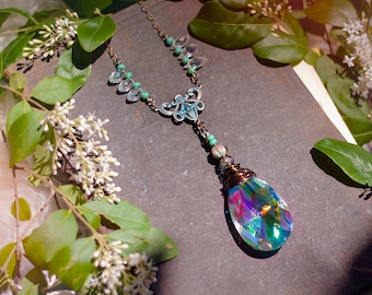 rainbow aura crystal point necklace with art nouveau goddess in copper verdigris patina // romantic, feminine, prism necklace, rainbow, boho