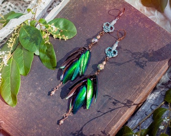 iridescent jewel beetle dangle earrings with verdigris copper flower components/ beetle wing, taxidermy, oddities, bug jewelry, insect lover