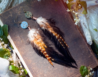 black and ginger striped feather earrings with brass stars // boho, bohemian jewelry, bird feathers, grizzly, long, dangle, statement