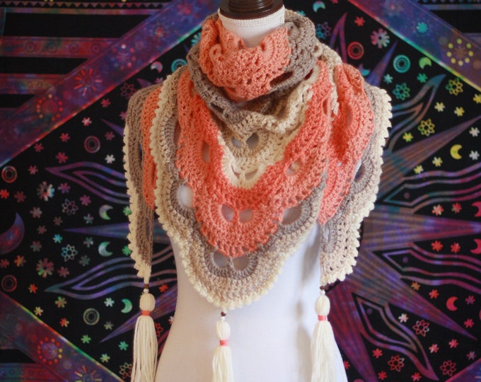 crochet virus shawl in salmon, taupe, and ivory // ready to ship