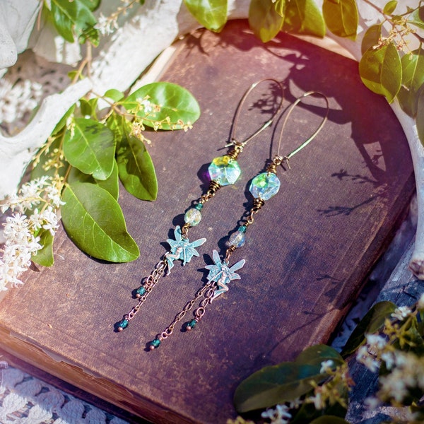 verdigris copper fairy earrings with rainbow chandelier prism crystals and czech glass beads / faerie, faery, fairy jewelry, woodland, fae