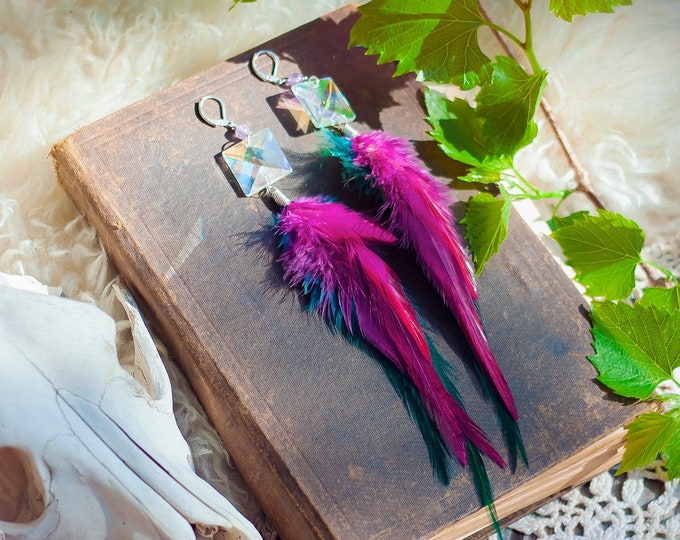 feather earrings in fuschia and teal with iridescent glass beads // boho, bohemian jewelry, colorful, crystal earrings,long,dangle,statement