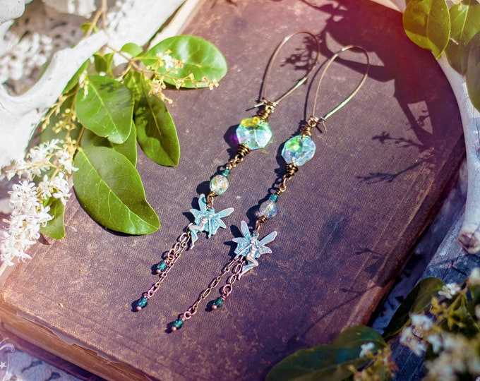 verdigris copper fairy earrings with rainbow chandelier prism crystals and czech glass beads / faerie, faery, fairy jewelry, woodland, fae