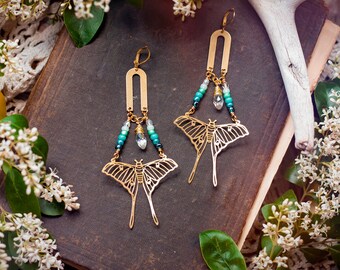 geometric brass luna moth earrings with turquoise glass beads // bug jewelry, insect lover, moth jewelry, nature, fairy earrings, butterfly