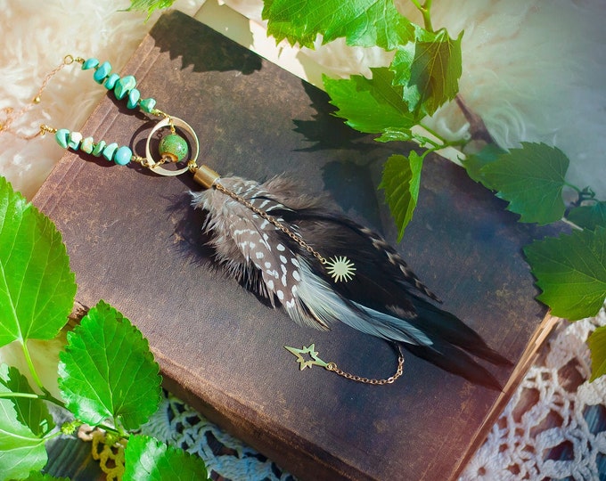 turquoise & feather necklace on gold satellite chain