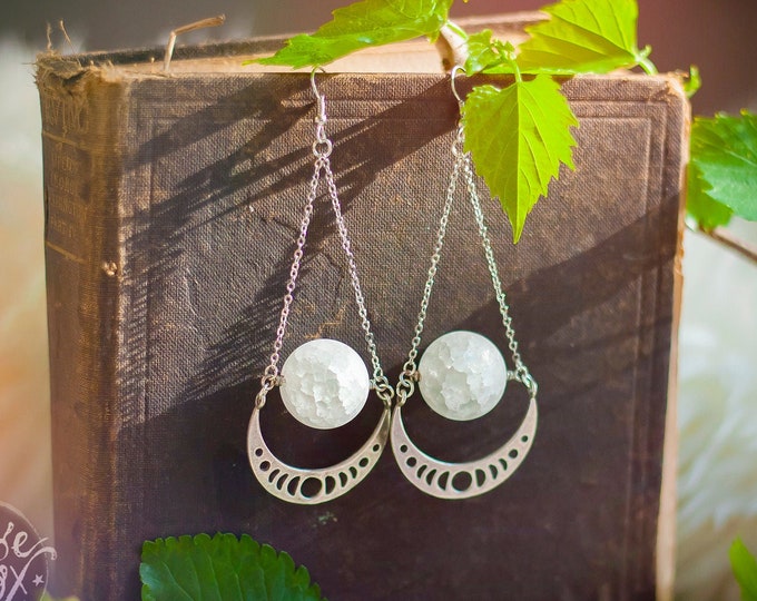 silver moon phase earrings with quartz globes // celestial, bohemian style, boho, statement, esoteric, gothic, witchy style, mori jewelry