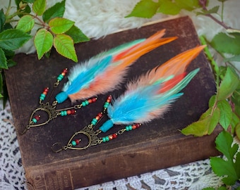 feather chandelier earrings in orange sherbet, coral, mint & turquoise with colorful glass beads // boho, bohemian jewelry, long, statement