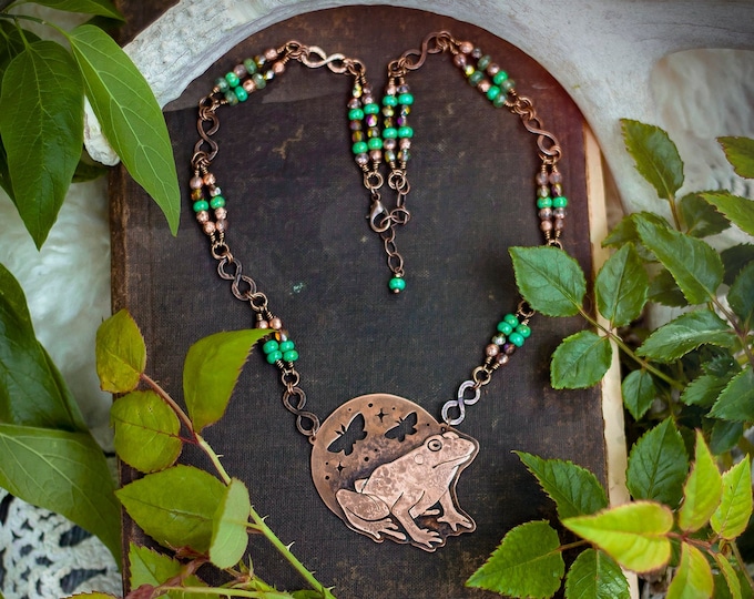 copper frog & moth pendant with czech glass beads