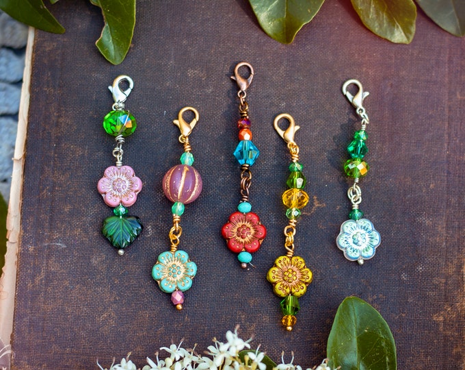 floral glass beaded crochet stitch markers - set of 5