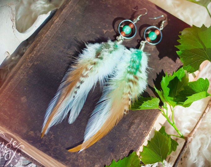 feather earrings in mint, ginger, and white with goldstone and turquoise agate beads // boho, bohemian jewelry, colorful, statement