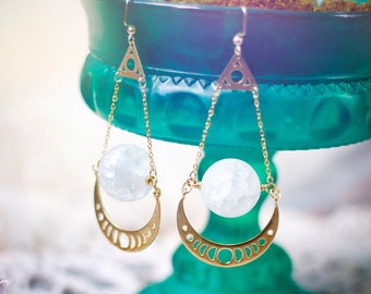 golden moon phase earrings with quartz globes // celestial, bohemian style, boho, statement, esoteric, gothic, witchy style, mori jewelry