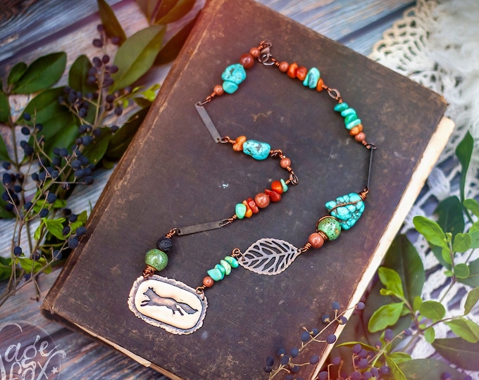 copper fox pendant with goldstone, carnelian, and turquoise howlite