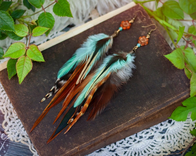 feather earrings in ginger and mint with orange czech glass flower beads // boho, bohemian jewelry, colorful, long, dangle, statement