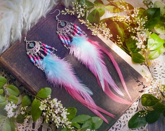 pink, lavender, and blue feather earrings with colorful pastel seed beads // boho, bohemian jewelry, colorful, long, dangle, statement
