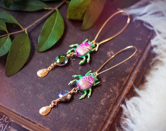 hand-painted psychedelic brass beetle earrings // colorful, prism, bug jewelry, insect lover, entomology, nature, unique, ooak