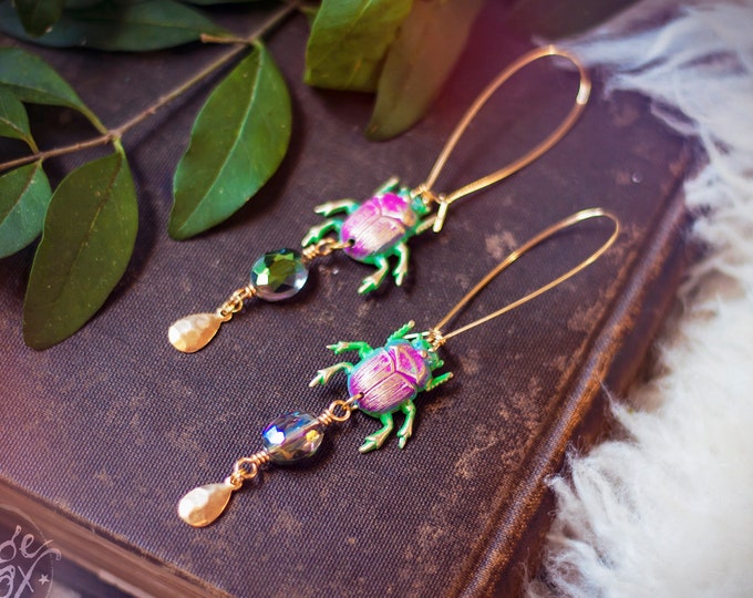 hand-painted psychedelic brass beetle earrings