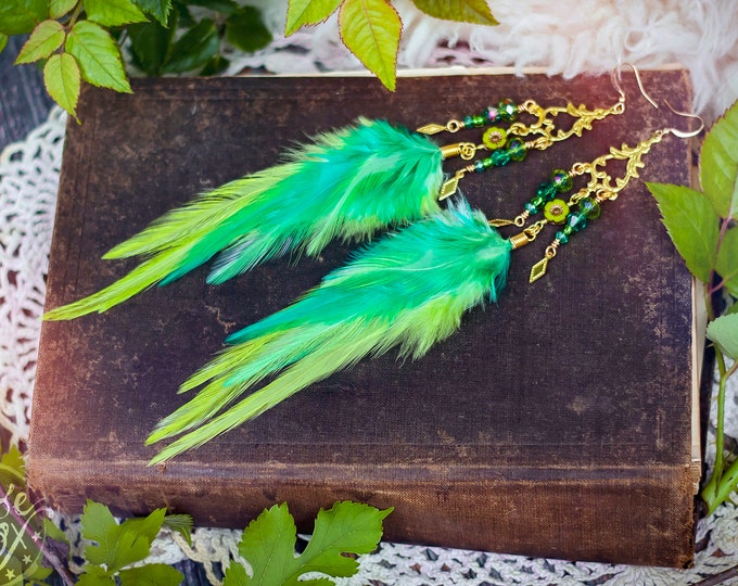 feather chandelier earrings in teal and lime green with green glass beads // boho, bohemian jewelry, colorful, long, dangle, statement